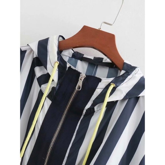 Zara Navy Blue White Striped Hooded Raincoat Jacket - Picture 6 of 10